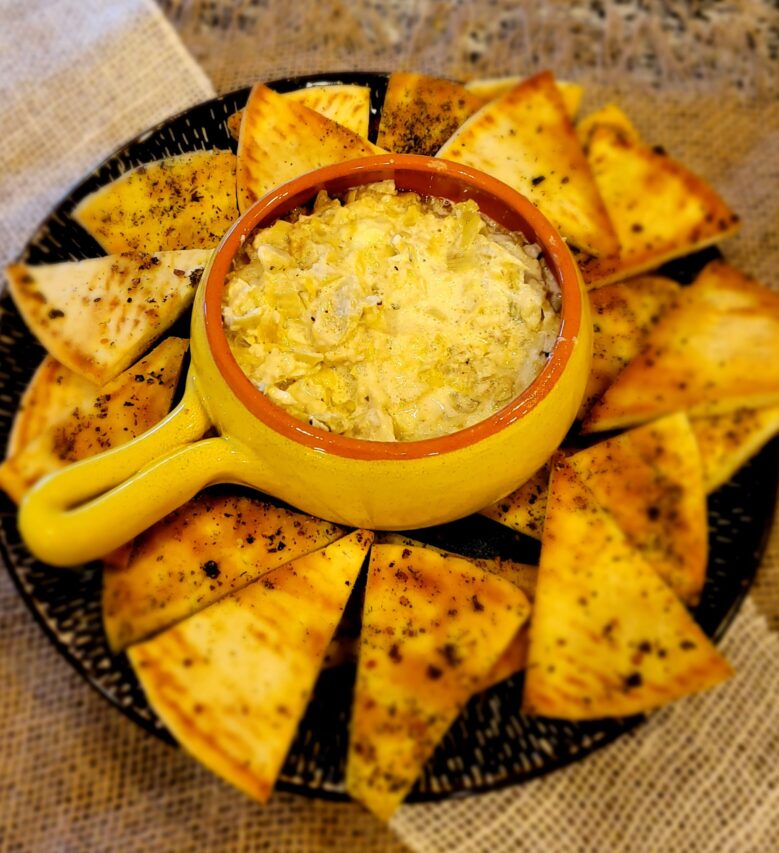 Kacey’s Keto Famous  Artichoke Dip and Homemade Baked Pita Chips